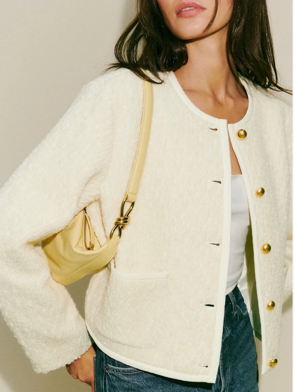Reformation Dale Cropped Jacket Cream Bouclé Button Jacket - Picture 8 of 12